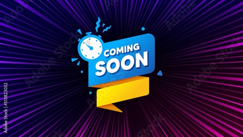 Sunburst ray beam banner. Coming soon paper banner. Timer announcement tag. New open time icon. Offer explosion background. Sun burst ray effect. Coming soon badge. Vector