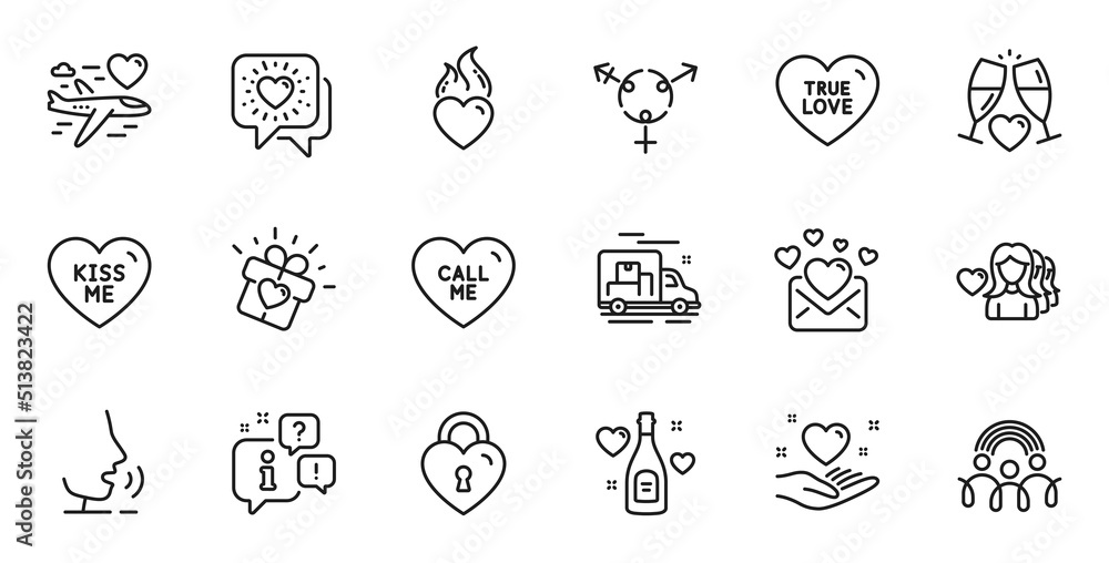 Outline set of Love mail, Kiss me and Wedding glasses line icons for web application. Talk, information, delivery truck outline icon. Include Hold heart, Love lock, Friends chat icons. Vector Outline set of Love mail, Kiss me and Wedding glasses line icons for web application. Talk, information, delivery truck outline icon. Include Hold heart, Love lock, Friends chat icons. Vector