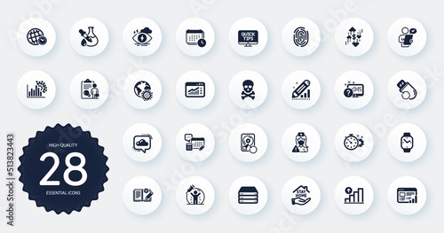 Set of Science icons, such as Stress, Chemical hazard and Cloud communication flat icons. Web report, Account, Inspect web elements. Servers, Online quiz, Vaccine protection signs. Vector