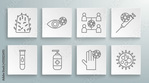 Set line Blood test and virus, Reddish eye due to, Bottle of liquid antibacterial soap, Hand with, Virus, spread, Syringe and Rabies icon. Vector