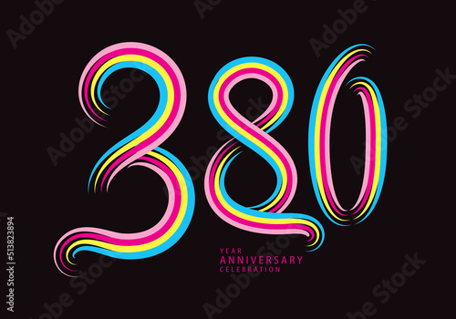 380 number design vector, graphic t shirt, 380 years anniversary celebration logotype colorful line,380th birthday logo, Banner template, logo number elements for invitation card, poster, t-shirt.