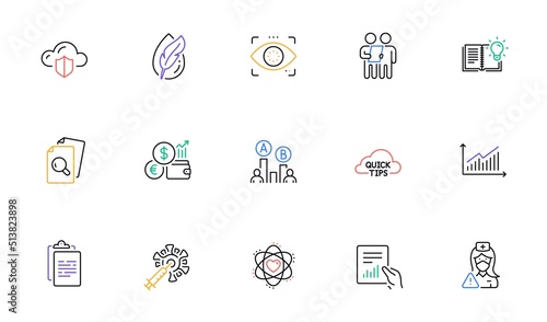 Product knowledge, Currency rate and Clipboard line icons for website, printing. Collection of Document, Ab testing, Coronavirus vaccine icons. Survey, Nurse, Eye detect web elements. Vector