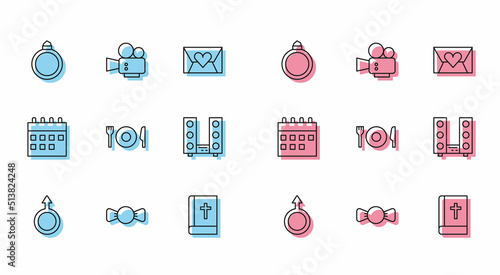 Set line Male gender symbol, Bow tie, Diamond engagement ring, Holy bible book, Plate, fork and knife, Home stereo with two speakers, Calendar and Cinema camera icon. Vector