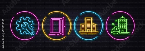 Buildings, Open door and Customisation minimal line icons. Neon laser 3d lights. Construction building icons. For web, application, printing. City architecture, Entrance, Settings. Vector