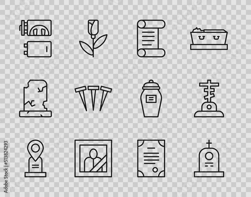 Set line Location grave, Grave with tombstone, Decree, parchment, scroll, Mourning photo frame, Crematorium, Metallic nails, Death certificate and cross icon. Vector