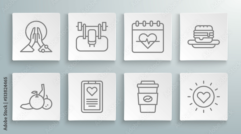 Set line Fruit, Bench with barbel, Medical clipboard, Coffee cup to go, Sun, Heart rate, Junk food and Meditation icon. Vector