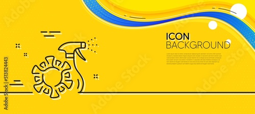 Coronavirus spray sanitizer line icon. Abstract yellow background. Covid virus sign. Antiseptic symbol. Minimal coronavirus spray line icon. Wave banner concept. Vector