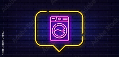 Neon light speech bubble. Washing machine line icon. Laundry service sign. Clothing cleaner symbol. Neon light background. Washing machine glow line. Brick wall banner. Vector