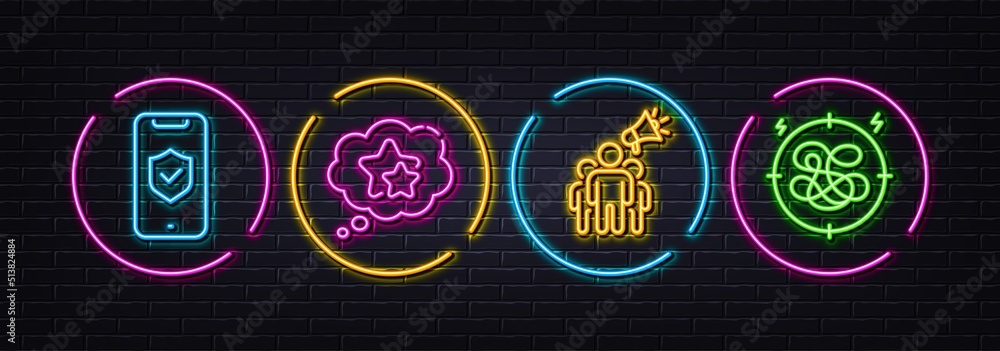 Phone protection, Ranking stars and Brand ambassador minimal line icons. Neon laser 3d lights. Stress icons. For web, application, printing. Private access, Winner award, Megaphone. Vector