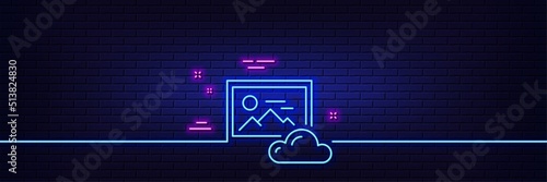 Neon light glow effect. Photo cloud line icon. Images cloud data sign. Picture placeholder symbol. 3d line neon glow icon. Brick wall banner. Photo cloud outline. Vector