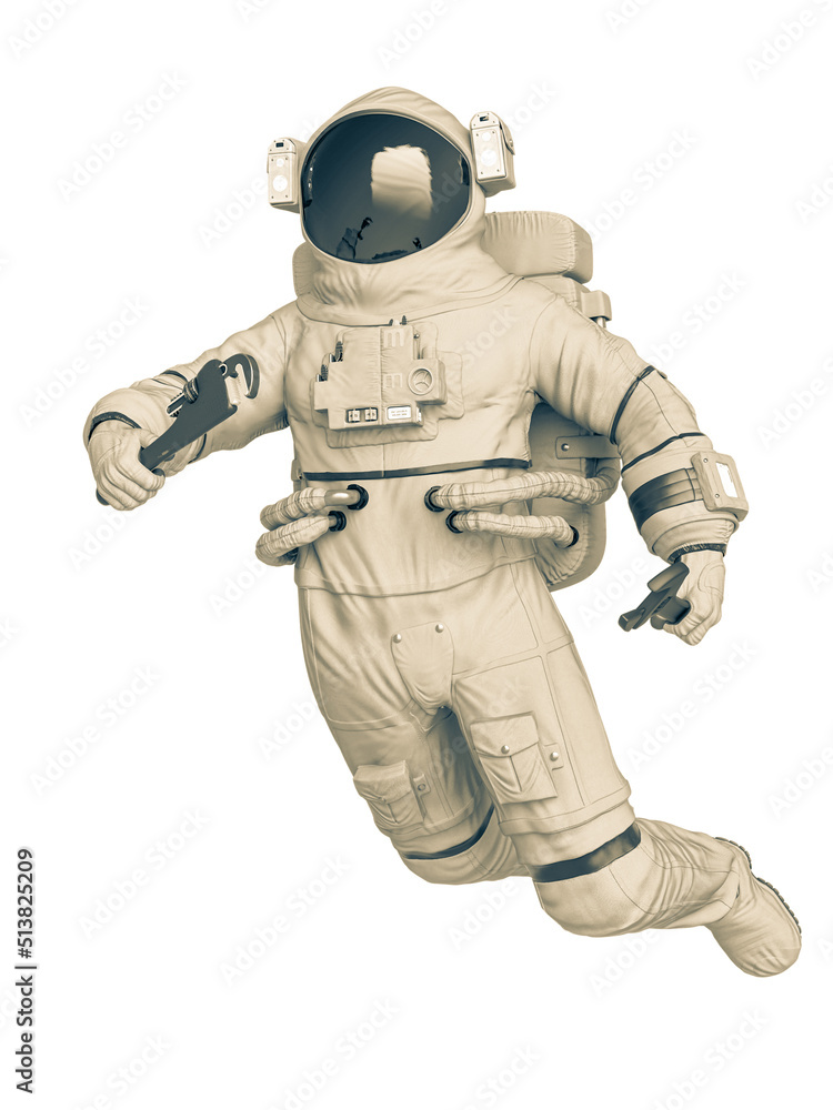 astronaut mechanic is drifting with a pipe wrench on his hand