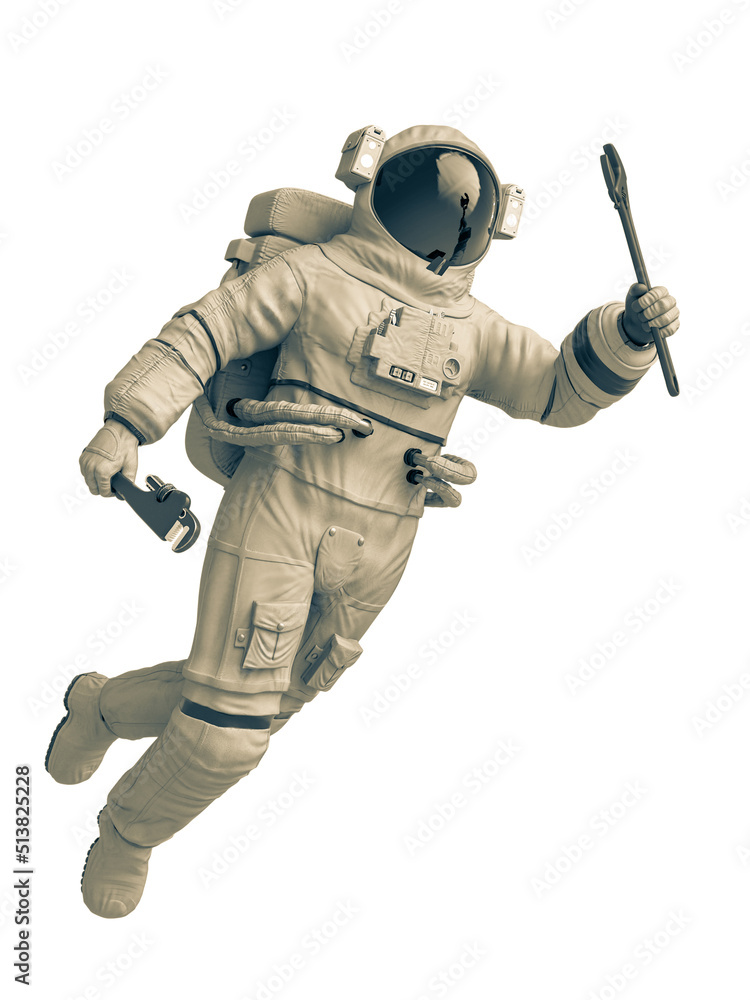 astronaut mechanic is floating with a pipe wrench on his hand astronaut mechanic is floating with a pipe wrench on his hand