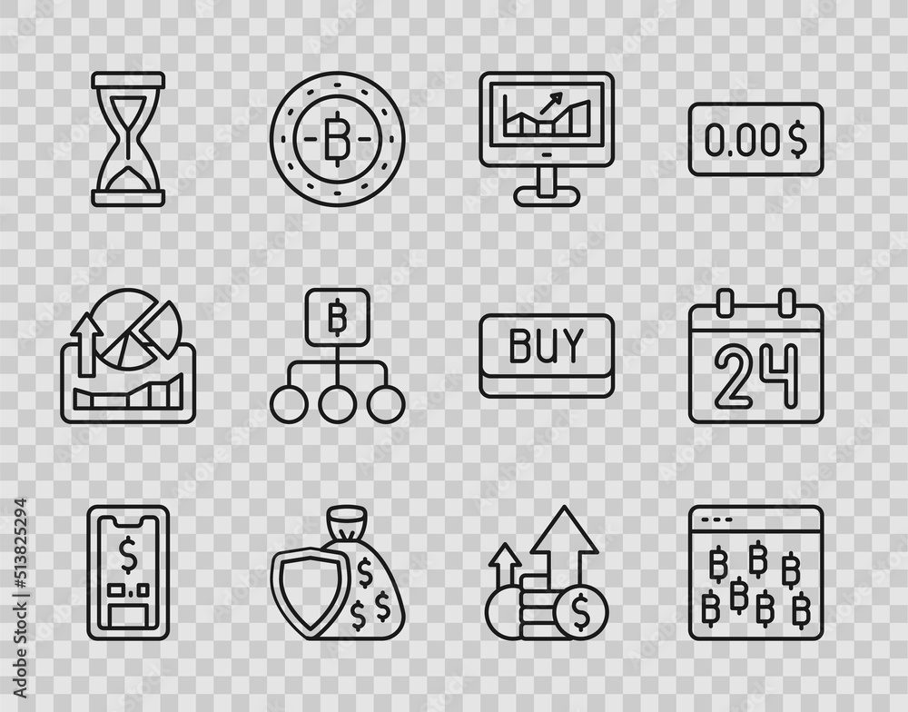 Set line Mobile with dollar, Bitcoin in browser, Computer growth graph, Shield and money bag, Old hourglass, Blockchain technology, Financial and Calendar icon. Vector Set line Mobile with dollar, Bitcoin in browser, Computer growth graph, Shield and money bag, Old hourglass, Blockchain technology, Financial and Calendar icon. Vector