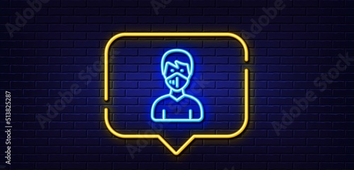 Neon light speech bubble. Man with medical mask line icon. Safety breathing respiratory mask sign. Coronavirus face protection symbol. Neon light background. Medical mask glow line. Vector