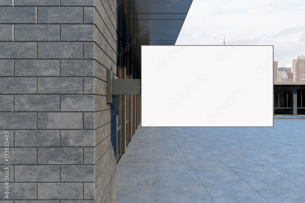 Close up of blank white urban rectangular stopper on brick building exterior. Pub or restaurant concept. Mock up, 3D Rendering. Close up of blank white urban rectangular stopper on brick building exterior. Pub or restaurant concept. Mock up, 3D Rendering.