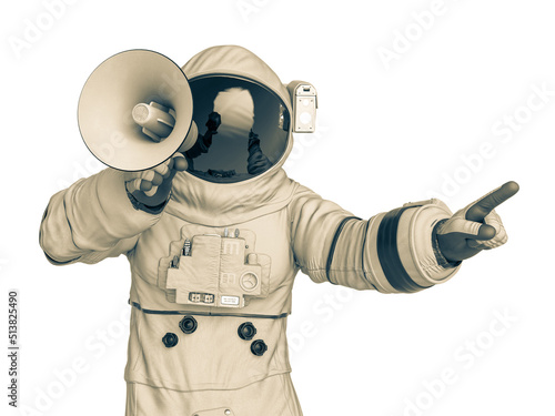 astronaut protesting with a bullhorn in hand front view