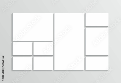 Mosaic pictures frame. Photo collage grid. Moodboard gallery. Mood board background. Banner template. Minimalist scrapbook layout. Album brandboard. Portfolio images isolated. Vector illustration