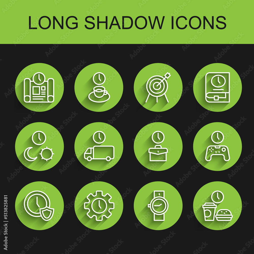 Set line Clock with shield, Time Management, Project time plan, Wrist watch, Fast food, Delivery, Gamepad of and Work icon. Vector Set line Clock with shield, Time Management, Project time plan, Wrist watch, Fast food, Delivery, Gamepad of and Work icon. Vector