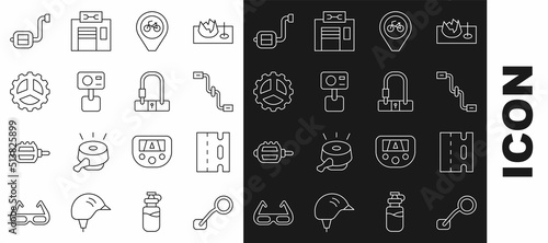 Set line Bicycle rear view mirror, lane, pedals, Location with bicycle, Action extreme camera, sprocket crank, and lock icon. Vector