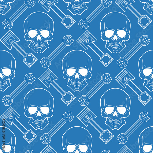 Skull and Engine piston pattern seamless. motorcycle pistons background. Car workshop texture