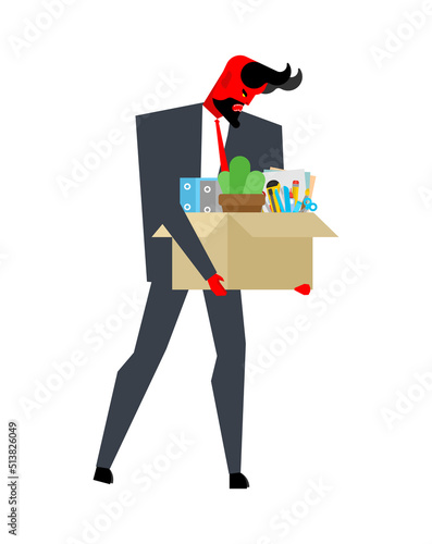Sad devil with Dismissal box. Satans Dismissal. Vector illustration