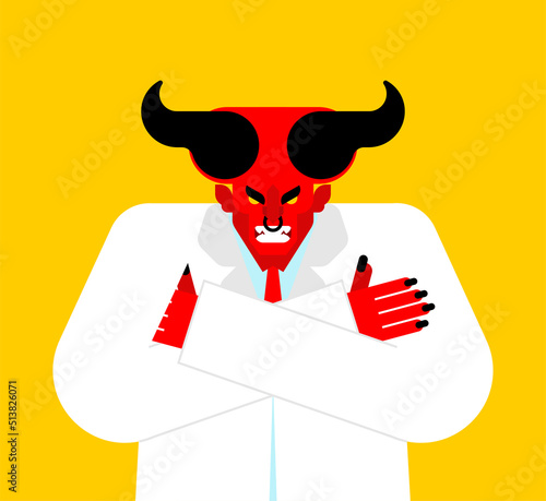 Devil doctor. Doctor Satan in white coat. Vector illustration