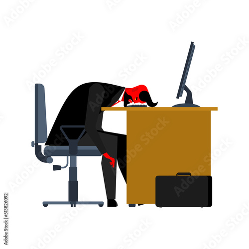 Devil tired of work. head is on table. Satan is weary. Office workplace. Armchair and computer