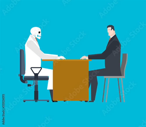 Death doctor and patient. Doctor Grim Reaper and sick. Vector illustration