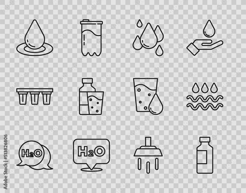 Set line Chemical formula for H2O, Bottle of water, Water drop, with glass, Shower and Wave icon. Vector Set line Chemical formula for H2O, Bottle of water, Water drop, with glass, Shower and Wave icon. Vector