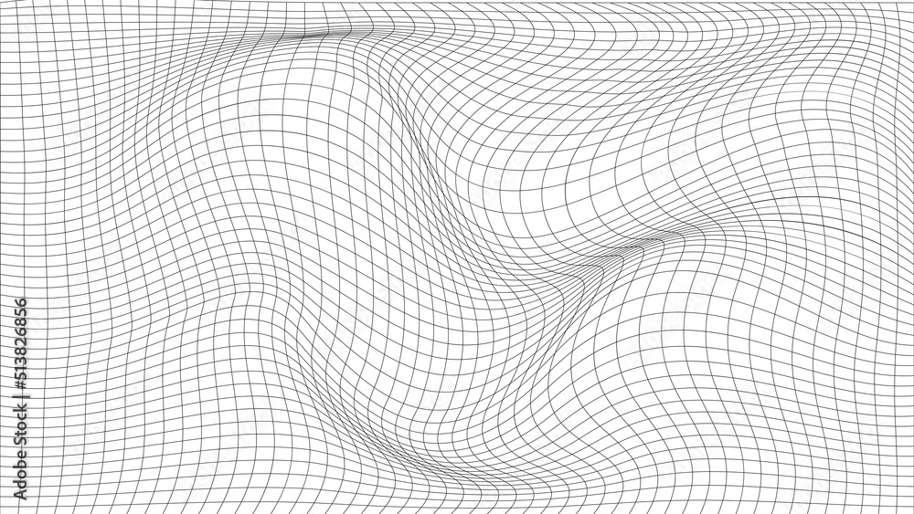 Distorted perspective grid on a white background. Futuristic distorted vector illustration. Background in the style of the 80s. Distorted perspective grid on a white background. Futuristic distorted vector illustration. Background in the style of the 80s.