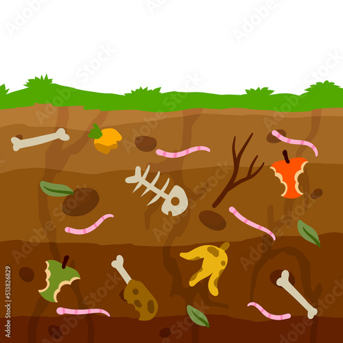 Compost soil. Layer of earth in section with worms. Farming and food waste