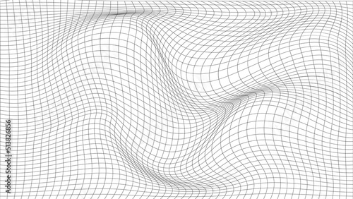 Distorted perspective grid on a white background. Futuristic distorted vector illustration. Background in the style of the 80s.