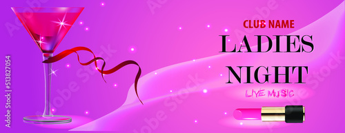 Elegant banner template for ladies night out with cocktail and lipstick
