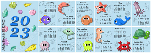 Calendar for 2023 with cute characters underwater animals