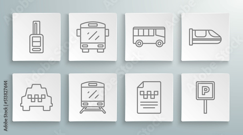 Set line Taxi car, Bus, Train, driver license, Parking, High-speed train and Car key with remote icon. Vector