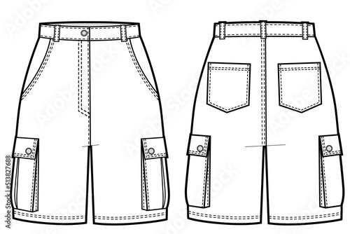Woman cargo shorts vector technikal sketch