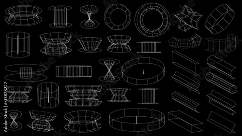 Set of abstract geometric technology elements in cyberpunk style. Retro vintage collection 3d virtual digital design. Texture 80s vr. Futuristic metaverse pattern. Vector isolated template background