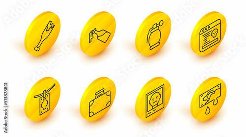 Set line Bloody money, Wanted poster, Briefcase and, Money laundering, System bug, Hand grenade, Cocktail molotov and Broken bottle weapon icon. Vector
