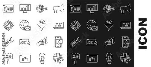 Set line Target, Mobile with review rating, Advertising, Earth globe mail, Browser setting and Lead management icon. Vector