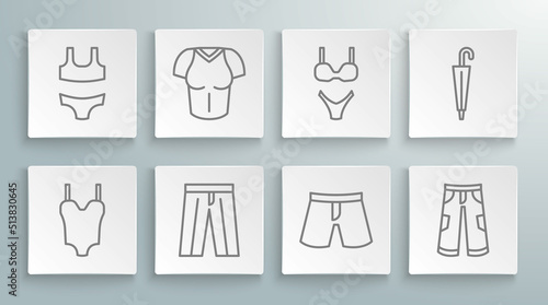 Set line Swimsuit, T-shirt, Pants, Short or pants, Umbrella and icon. Vector