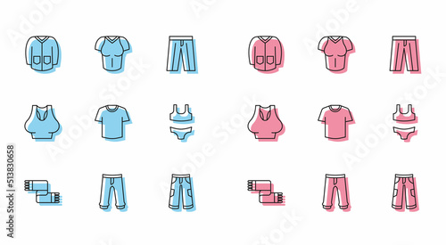 Set line Winter scarf  Pants  Sweater  T-shirt  Swimsuit  Undershirt and icon. Vector