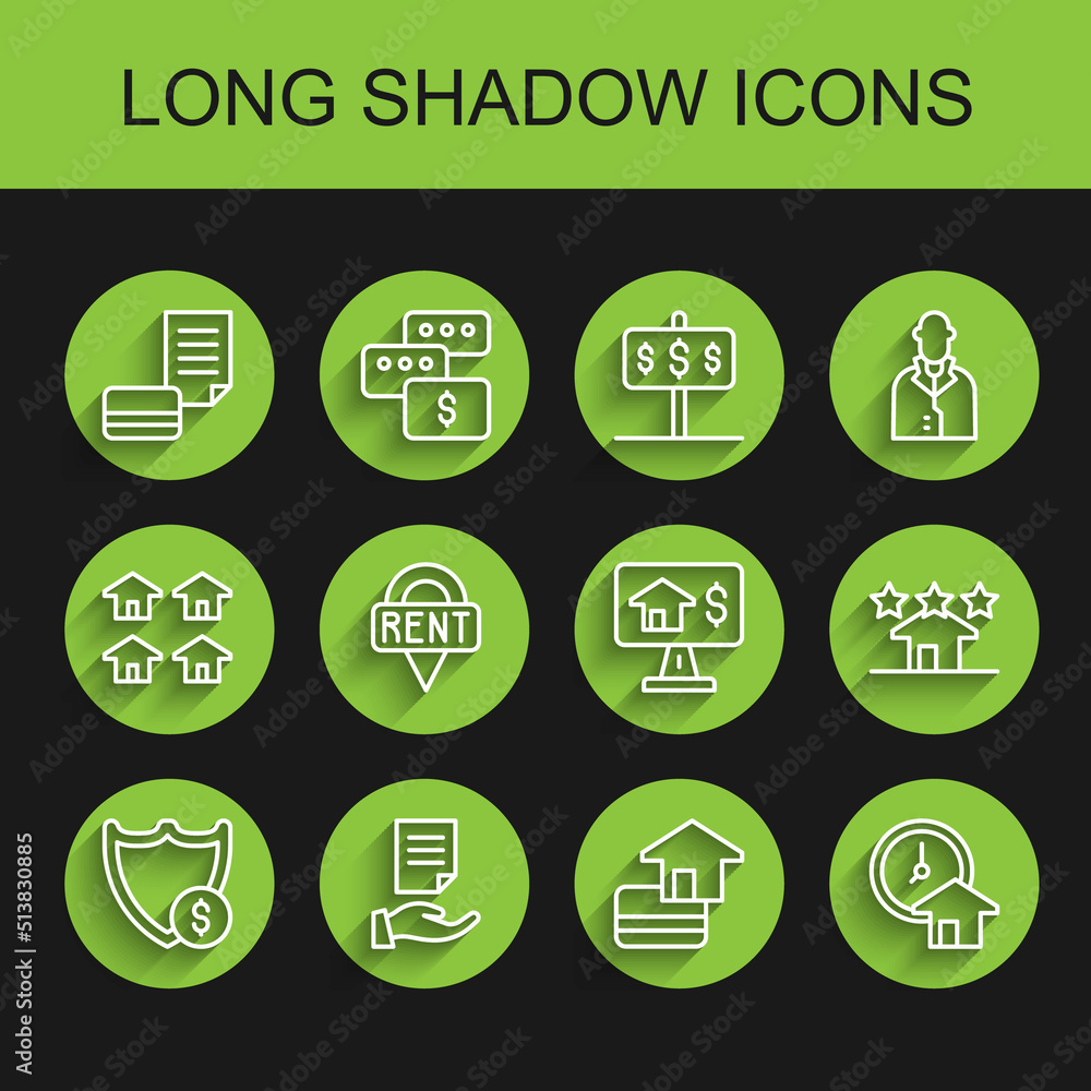 Set line Shield with dollar, House contract, Credit card, Time is money, Location key, Real estate and Online real icon. Vector Set line Shield with dollar, House contract, Credit card, Time is money, Location key, Real estate and Online real icon. Vector