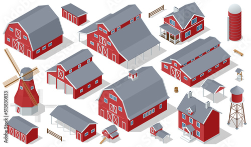 Farm Elements Isometric Set. Barn, Country House, Windmill, Greenhouse, Wind Turbine, Agriculture and Farming, Farm Barn House