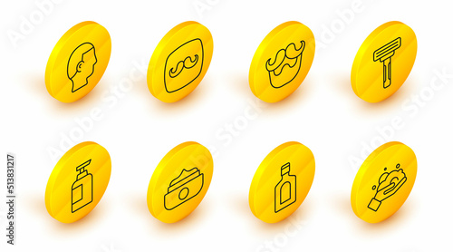 Set line Shaving foam on hand, Bottle of shampoo, Gel or wax for hair styling, razor, Mustache beard, Barbershop and Hairstyle men icon. Vector