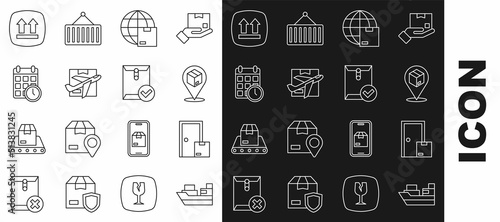 Set line Cargo ship with boxes delivery, Home services, Location cardboard, Worldwide shipping, Plane and, Cardboard calendar, This side up and Envelope check mark icon. Vector