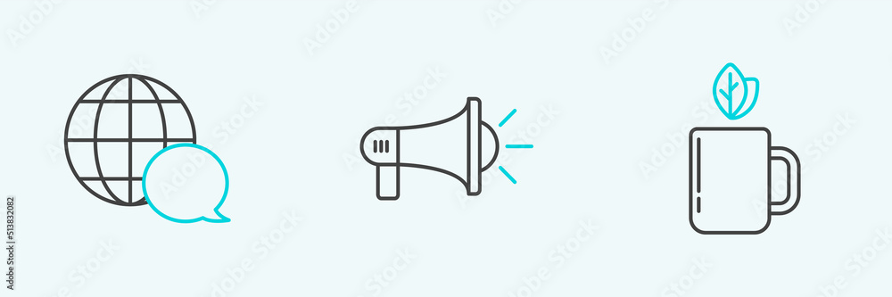 Set line Cup of tea and leaf, World map made from speech bubble and Megaphone icon. Vector Set line Cup of tea and leaf, World map made from speech bubble and Megaphone icon. Vector