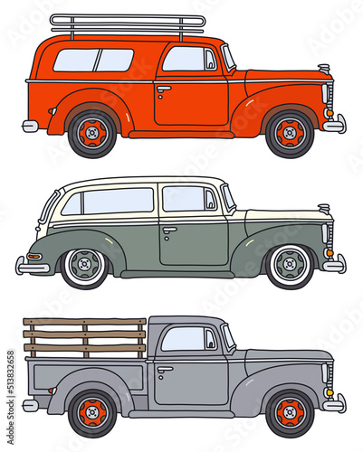 Fotografie, Obraz The vectorized hand drawing of three retro delivery vehicles
