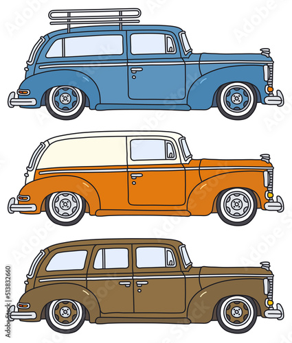 The vectorized hand drawing of three classic station wagons