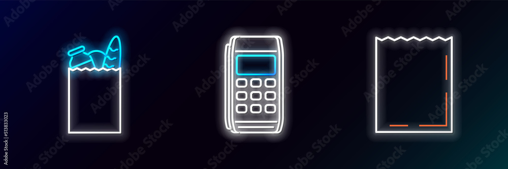 Set line Paper shopping bag, and food and Pos terminal icon. Glowing neon. Vector Set line Paper shopping bag, and food and Pos terminal icon. Glowing neon. Vector