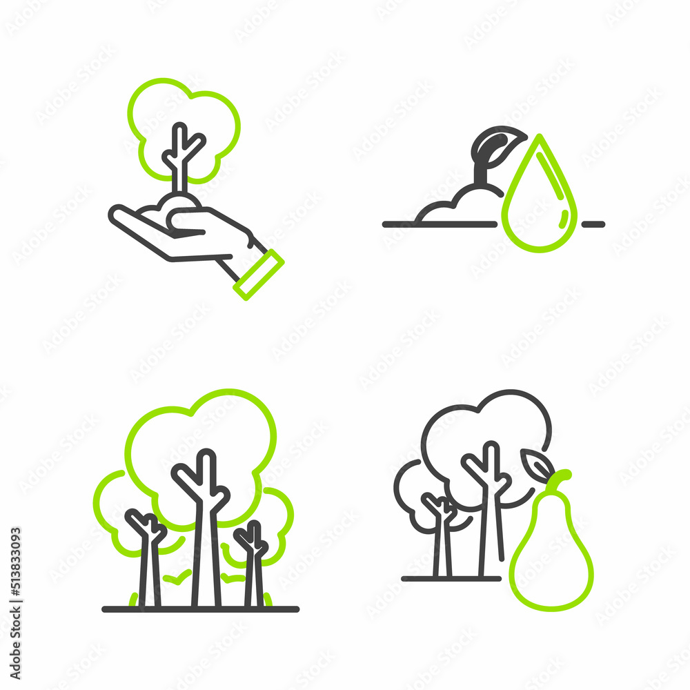 Set line Tree with pears, Trees, Watering sprout and hand of environmental protection icon. Vector Set line Tree with pears, Trees, Watering sprout and hand of environmental protection icon. Vector